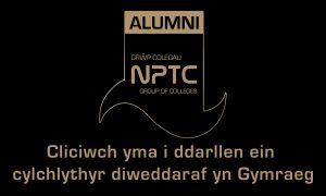 Logo Alumni Grŵp Colegau NPTC sy'n darllen "Cliciwch yma i ddarllen ein cylchlythyr"