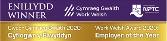 Work Welsh Employer of the Year 2020 banner with Work Welsh logo and NPTC Group of Colleges logo.