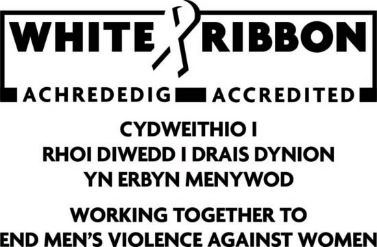 White Ribbon accreditation black and white logo.