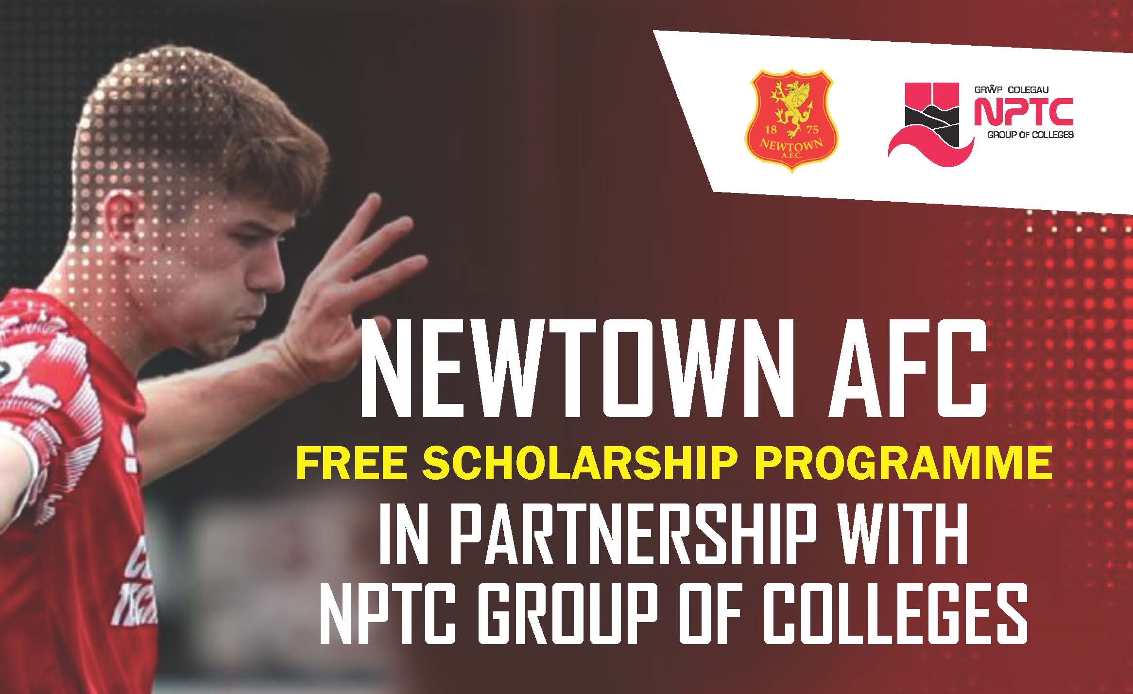 Photo of a Newtown AFC player with information on the new scholarship and partnership between Newtown College and Newtown AFC
