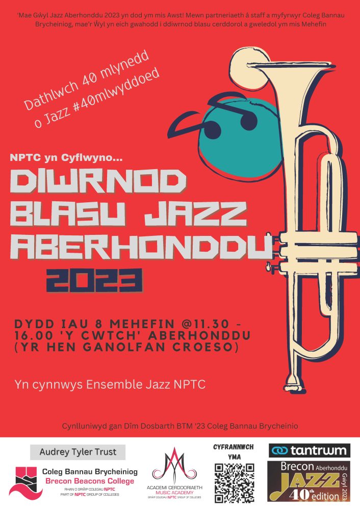 Welsh langauge poster with details of the Brecon Jazz Festival 2023 - 8th June, 11:30am - 4pm at The Cwtch, Brecon.
