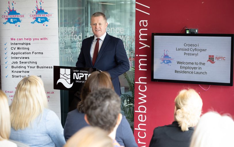 Jeremy Miles MS making a speech at the Employer in Residence Launch at Neath College.