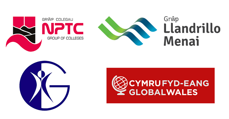 Logos of NPTC Group of Colleges, Grwp Llandrillo Menai and Geethanjali College