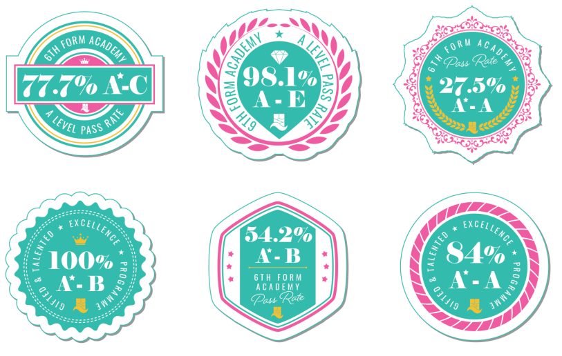 A Level 2023 results badges, green, yellow and pink in English