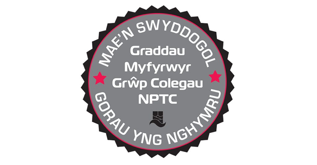 It's Official, Students Rate NPTC Group of Colleges The Best In Wales, black, red and grey badge in Welsh.