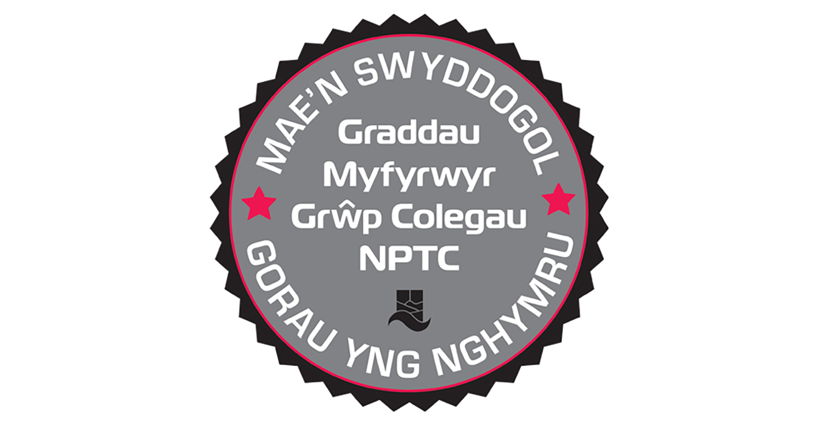It's Official, Students Rate NPTC Group of Colleges The Best In Wales, black, red and grey badge in Welsh.