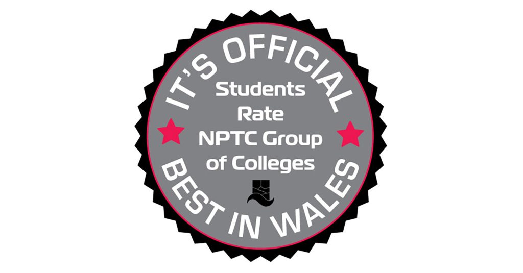 It's Official, Students Rate NPTC Group of Colleges The Best In Wales, black, red and grey badge.
