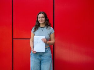 Student Isabel with her results.