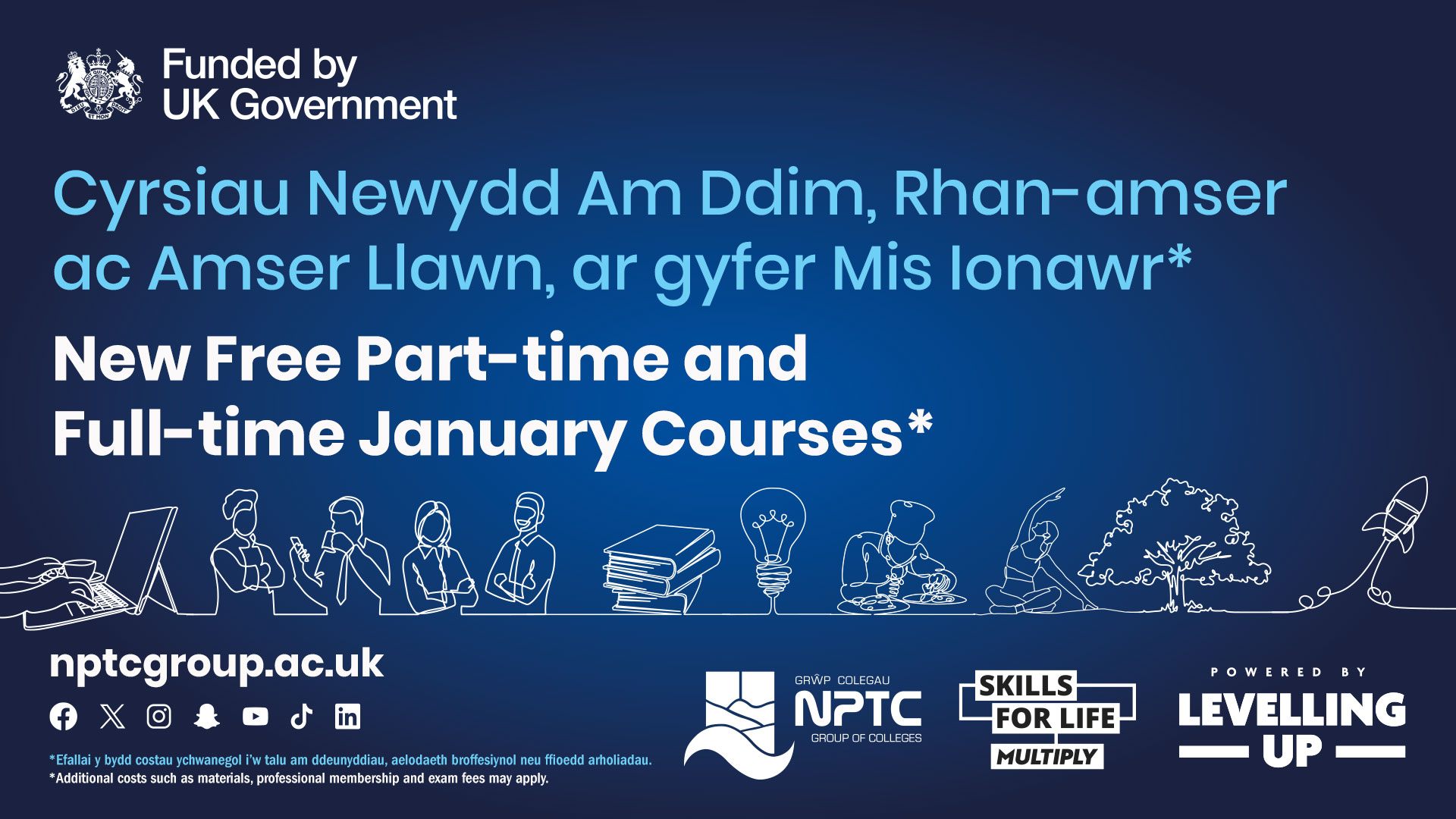 Blue infographic with text reading "New Free Part-Time and Full-Time January Courses" in Welsh and English.