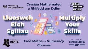 Graphic in English and Welsh with purple background and title Multiply Your Skills with some cartoon mathematical symols and a calculator.