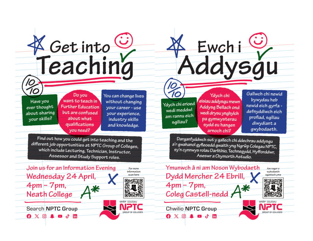 Get into Teaching text and doodles poster with logo, QR code, social media icons and details of open event on 24 April, 4-7pm at Neath College, in Welsh and English.