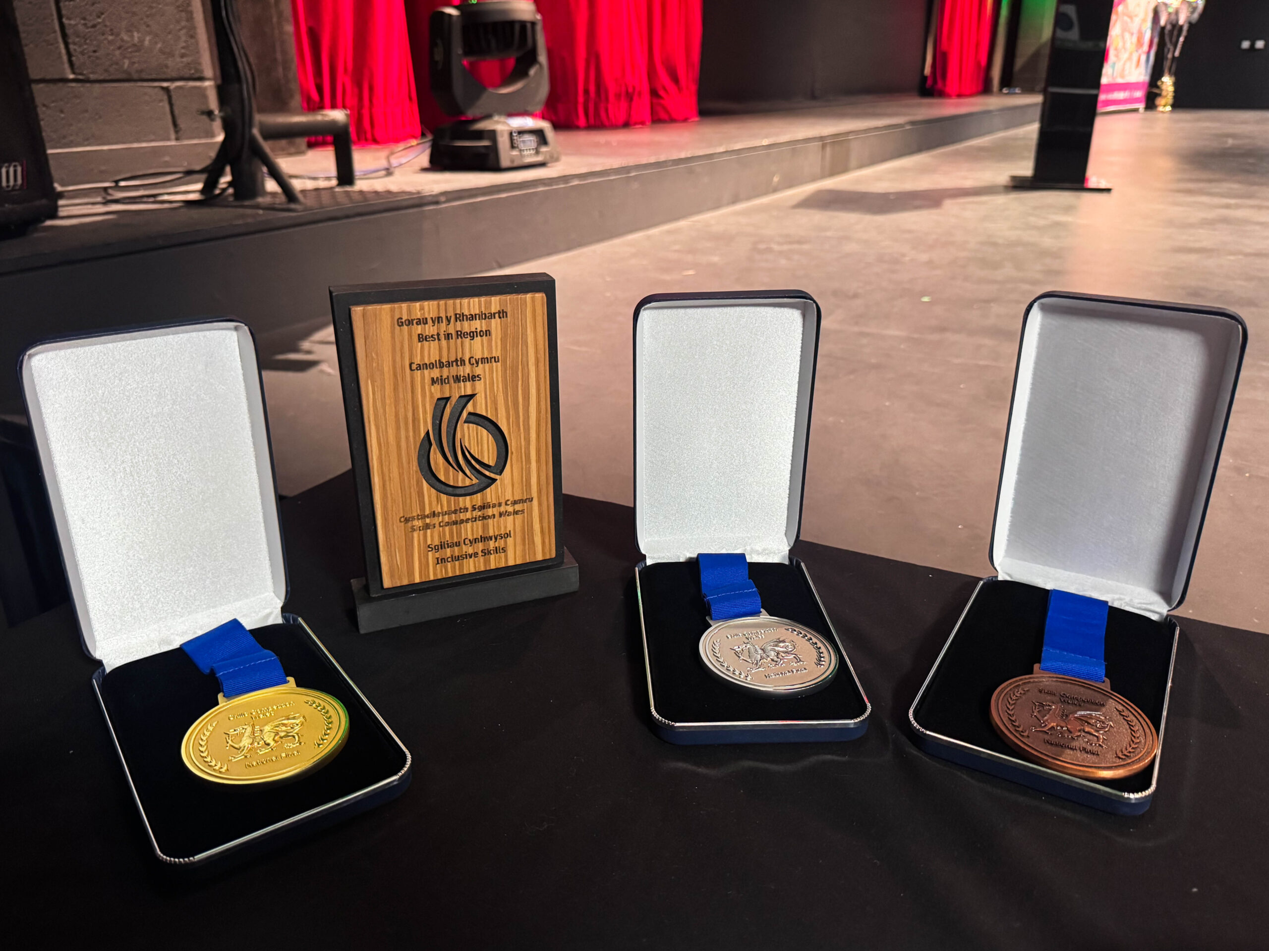 Gold, Silver and Bronze Skills Competitions Wales medals, alsong with a 'Best In Region' plaque.
