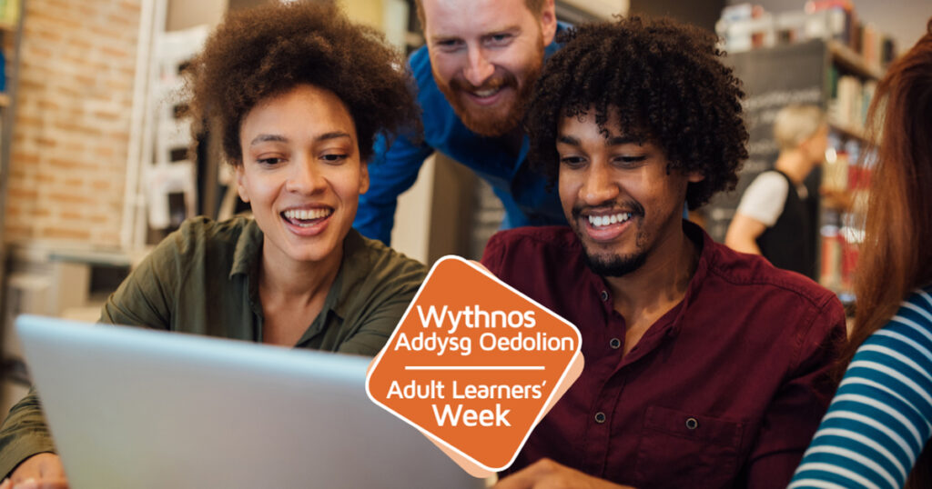 Adult Learners Week stock image of three learners in front of a laptop, with logo